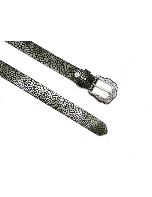 Cinturón piel Serraje moteado hebilla Cowboy plata 30mm