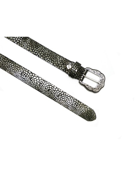 Cinturón piel Serraje moteado hebilla Cowboy plata 30mm