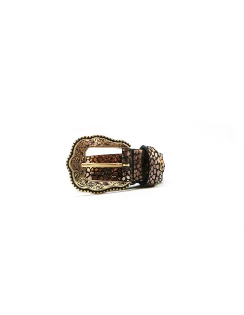 Cinturón piel Serraje moteado hebilla Cowboy oro 30mm 2
