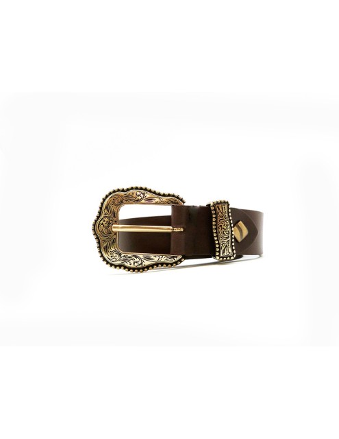 Cinturón piel Vaquetilla hebilla cowboy oro 30mm